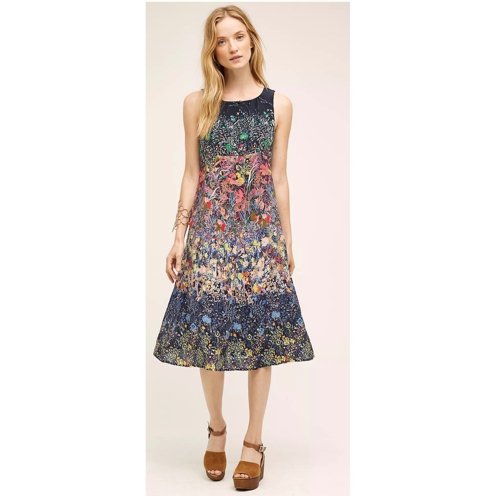 Maeve Larkspur Silk Midi Dress Size 8 Navy Floral Boho Wedding Art Luxury